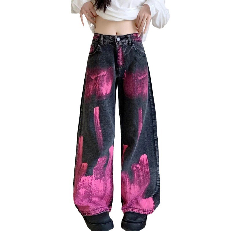 Picture of American Style High Street Flame Graffiti Tie-Dye Design Sense 2024 Jeans Women's Spring High Waist Loose Wide Leg Pants