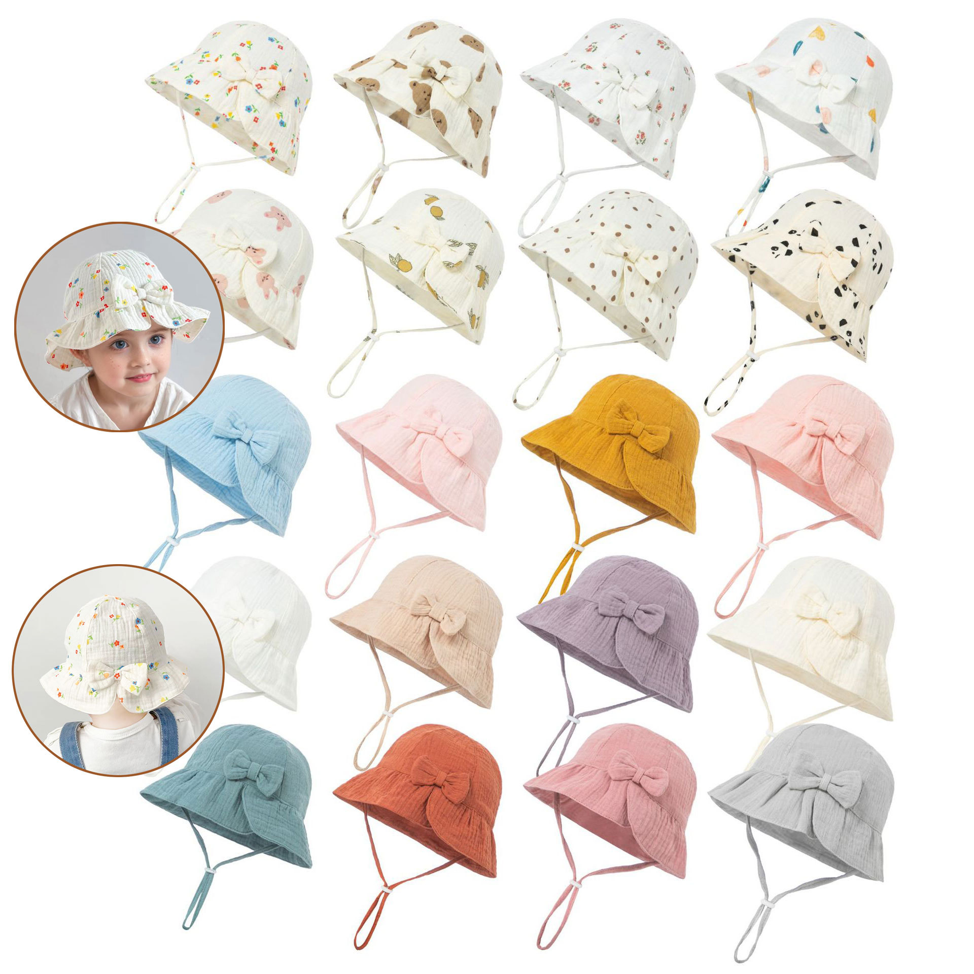 2024 New Baby Cotton basin hat baby printed bow sun hat solid color skin-friendly hat cross-border
