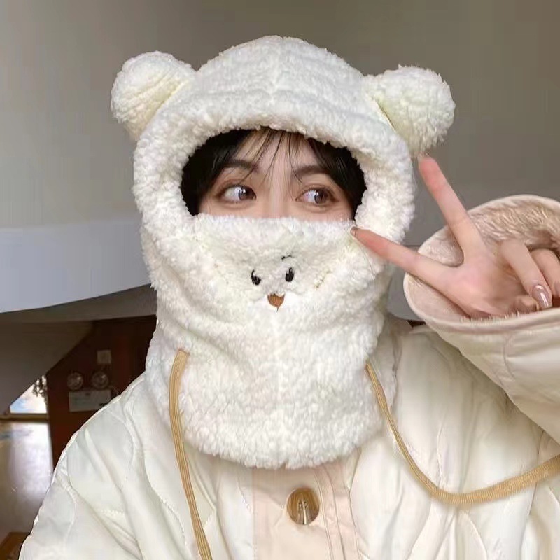 Picture of Autumn and Winter Little Bear Four-Piece Set of Cotton Fleece Cute Neck Warmers, Cycling Gloves, Ear Guards, Hat Scarf, One-Piece Plush
