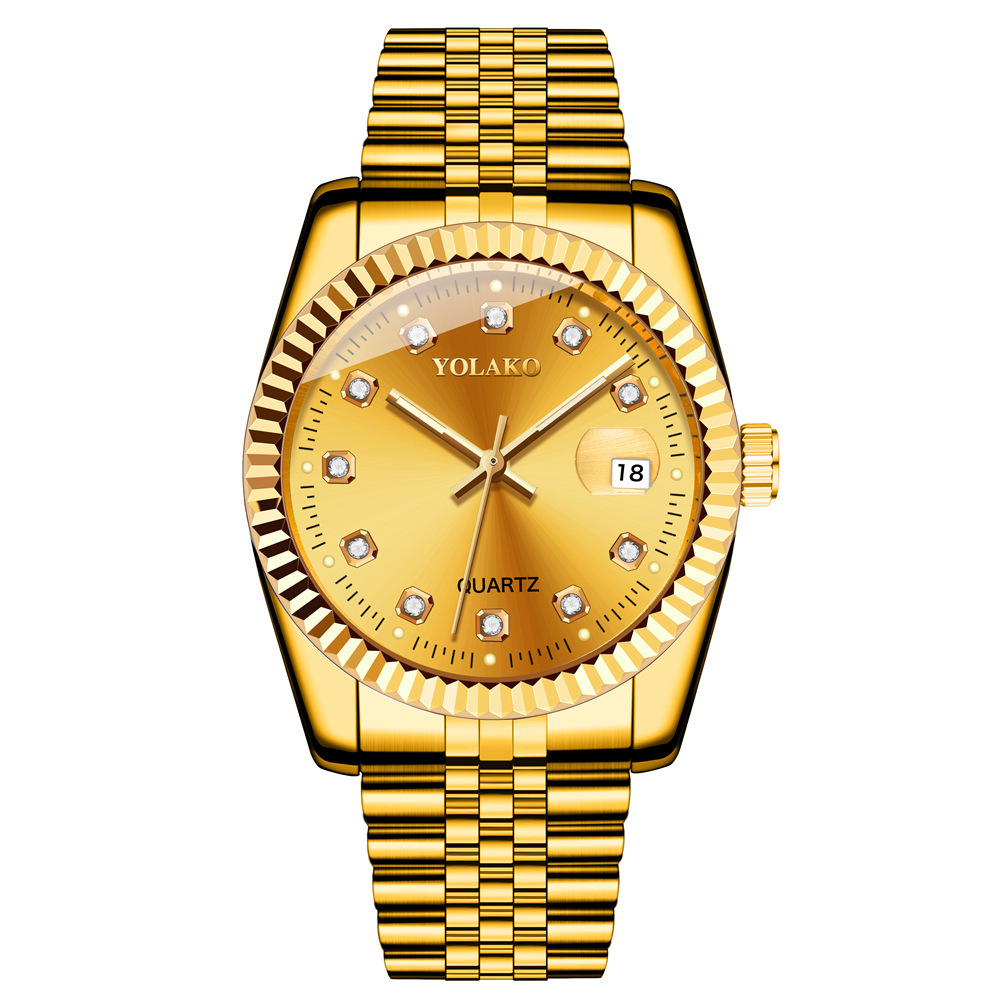 Picture of Diamond Face Steel Band Calendar Watch Women's Simple Casual Student Fashion Quartz Gold suit Men's Watch Couple