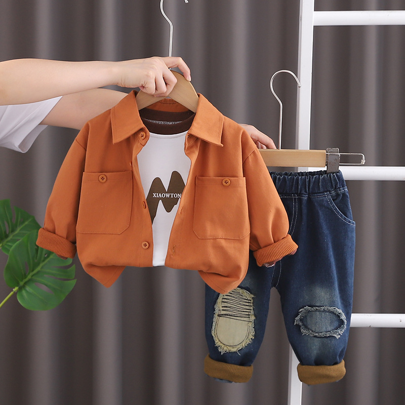 Spring and Autumn New Children's Fashionable Handsome Padded Cloth Double Pocket Long Sleeve Three-Piece Set Trendy Boys Western Style Autumn suit