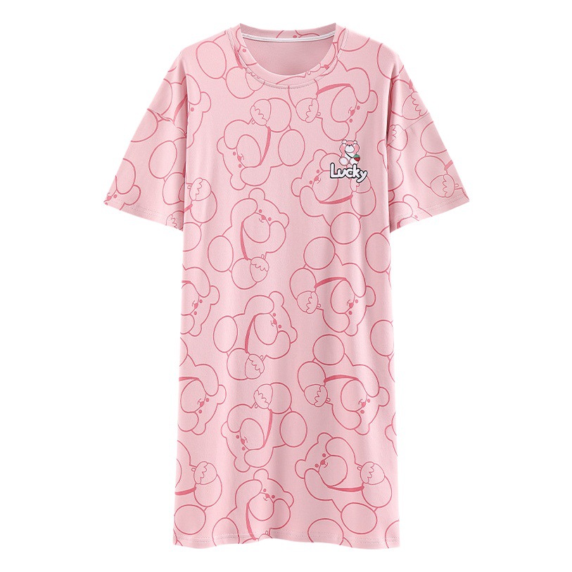 Summer New Style Cotton Short-sleeved Nightgown with Chest Pad Women's Mid-length Large Size Sweet Cartoon Cotton Women's Home Clothes