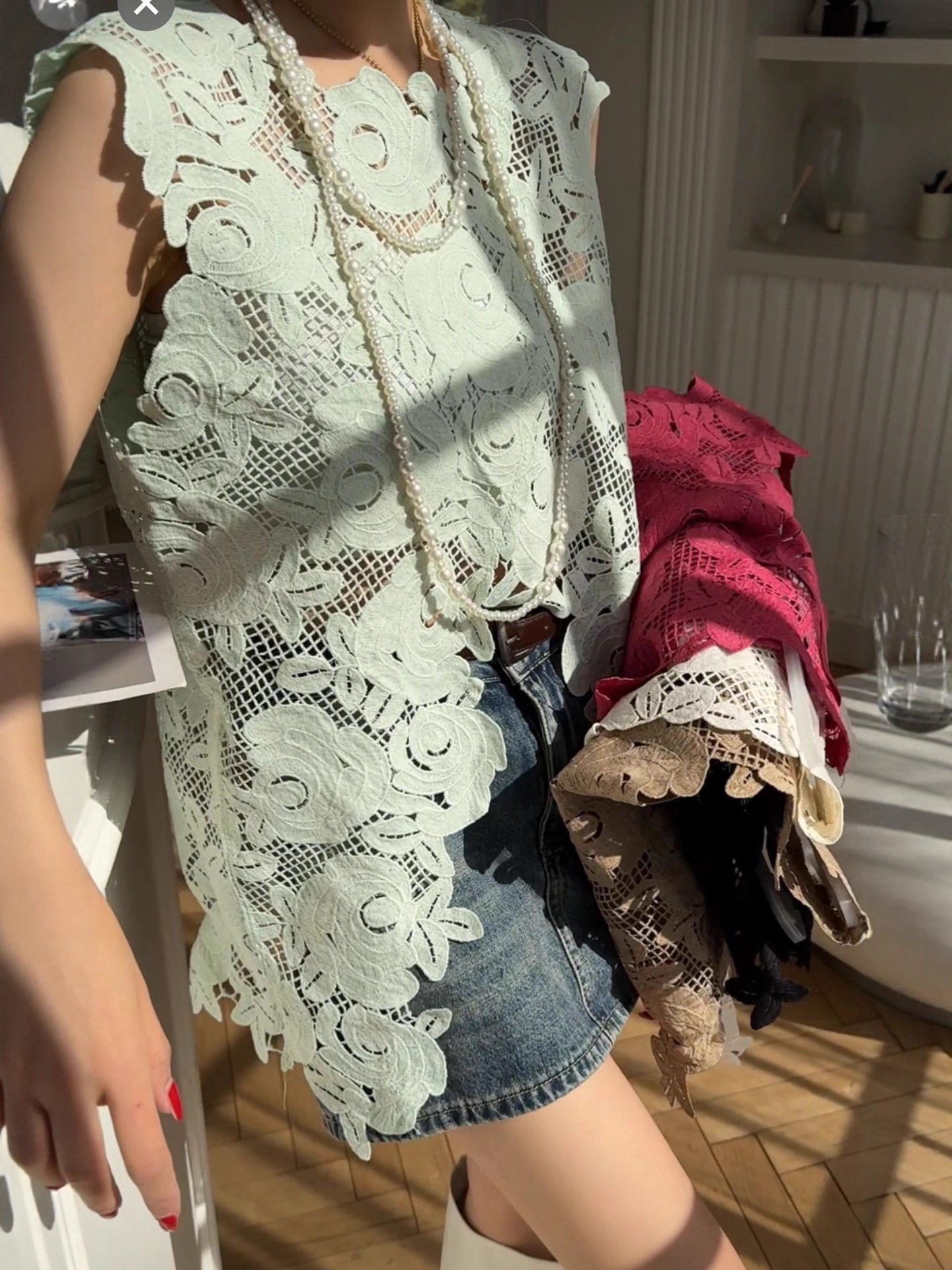 Picture of High-end European summer new unique hook flower hollow irregular hem sleeveless vest lace shirt girl