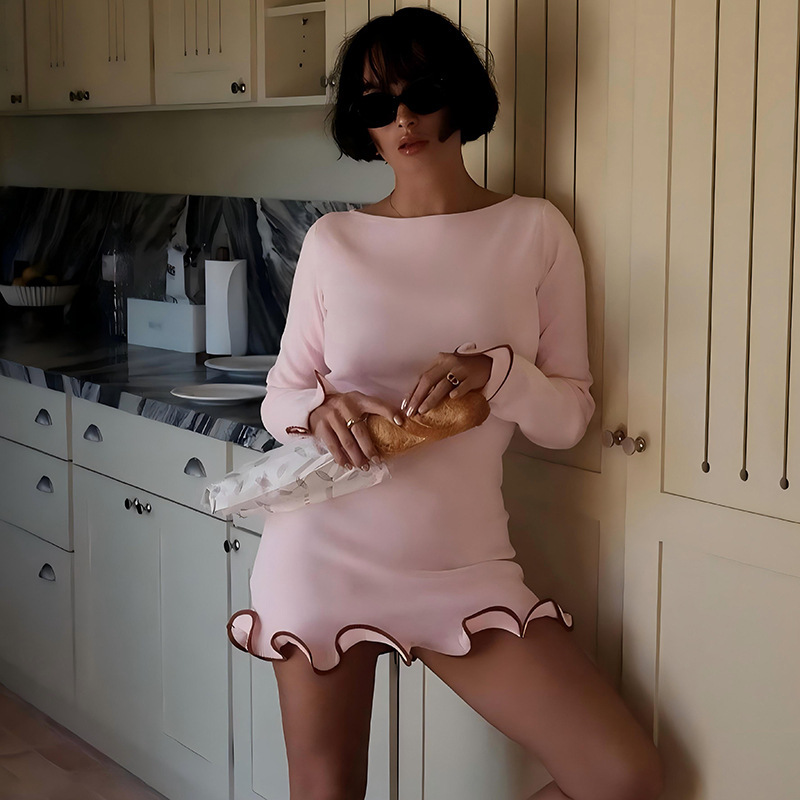 Picture of Cross-border Amazon Autumn and Winter New European and American Women's Elegant Solid Color Round Neck Long Sleeve Slim Fit Ruffled dress Women
