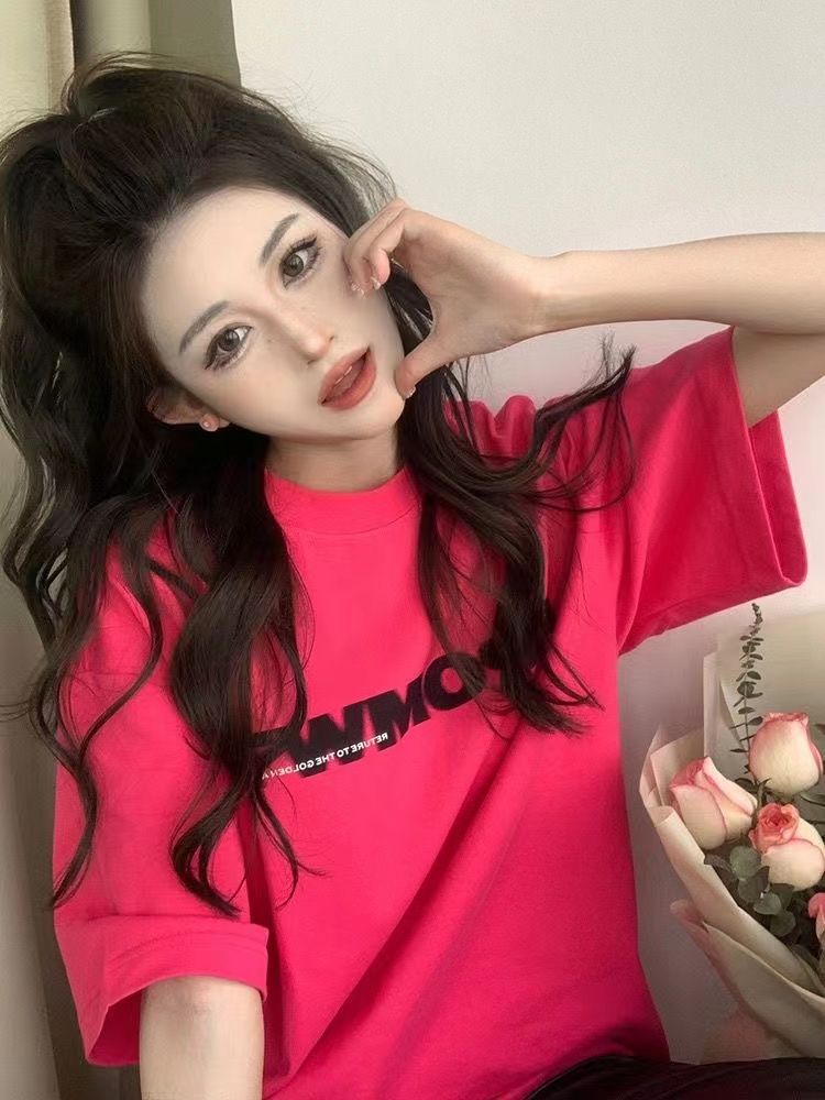 Rose Hong Kong-style High-end Top English Printed Shoulder T-shirt Women's Heavy Short-sleeved T-shirt Fashion Brand Short-sleeved T-shirt for Women