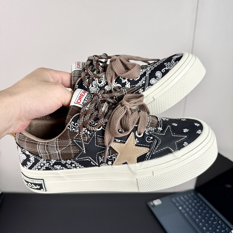 2025 New Cashew Flower Thick-Soled Star Canvas Shoes for Men Summer New Men's Shoes Trendy Shoes Trendy Versatile Sneakers