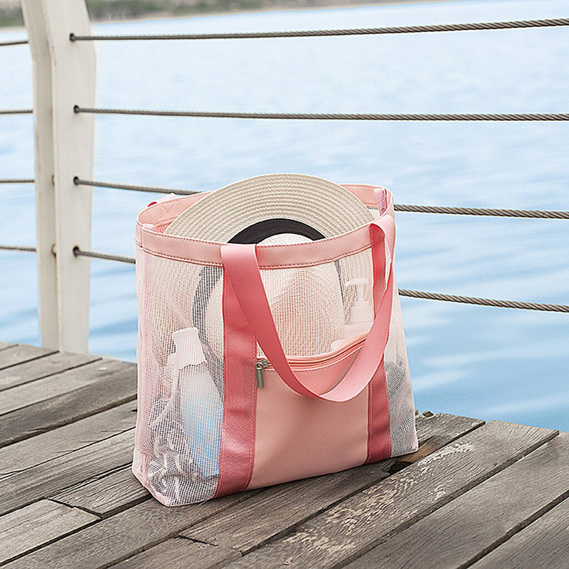 Picture of Travel Beach Bag Women's Portable Swimming Woven Bag Mesh Outdoor One-shoulder Swimwear Storage Bag Customizable
