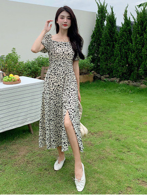 Cross-Border French Floral Dress Women's Summer New High-Waist Slimming Slit High-End Forest Tea Break Long Skirt