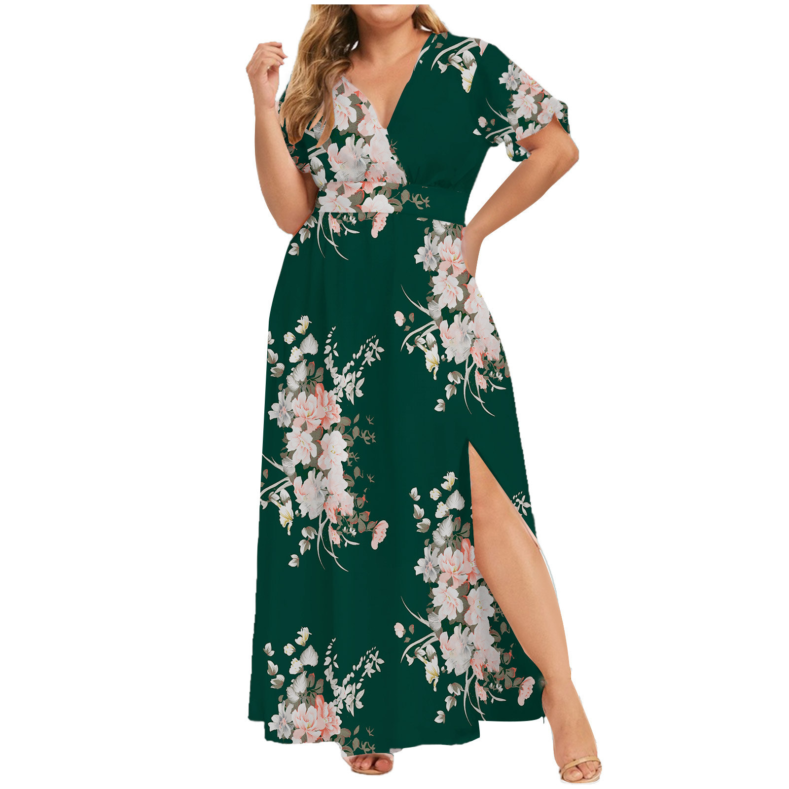 Picture of 2024 European and American Cross-Border Dress Summer New Plus Size Women's Printed Hem Slit Printed Short-Sleeved Dress