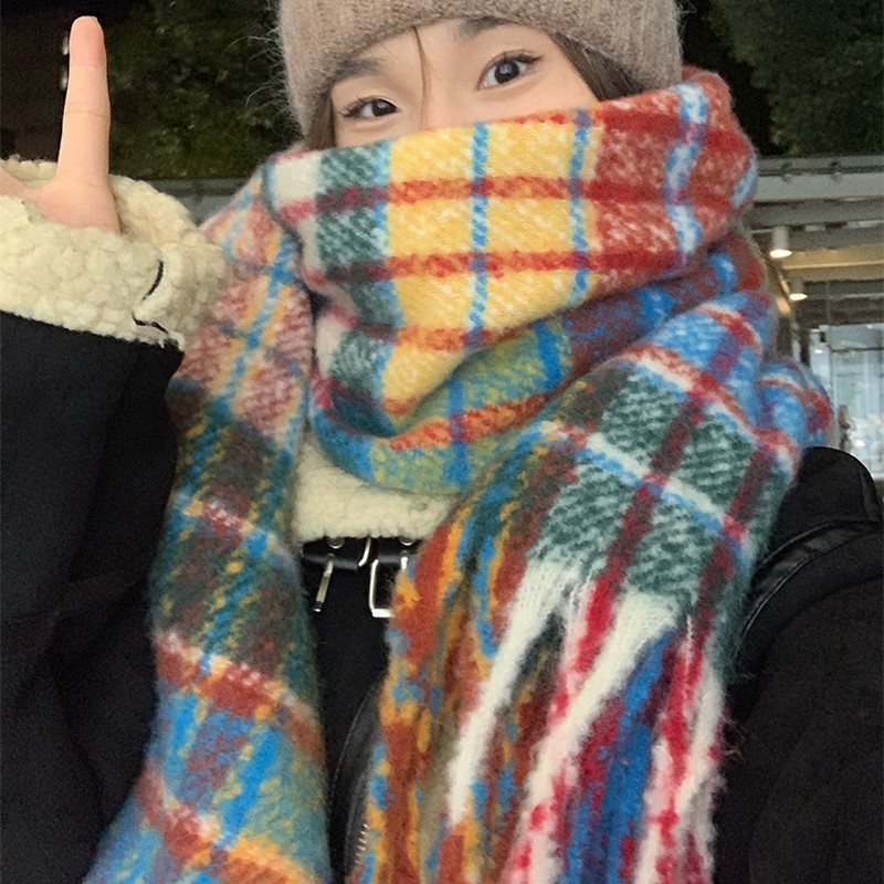Picture of Korean Autumn and Winter Rainbow Plaid Cashmere Scarf Female Student Couple Mohair Warm Neck Long Shawl