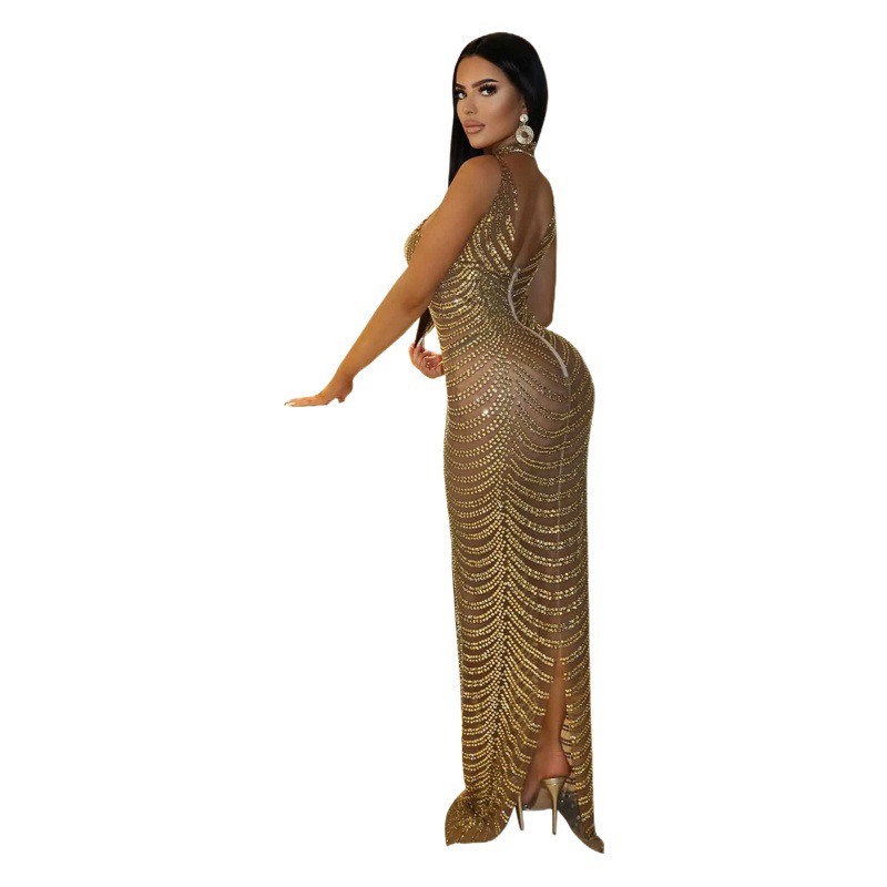 OS6777 Cross-border Summer New Product Amazon European and American Women's Sexy Mesh Perspective Nightclub Hot Drilling Dress Women
