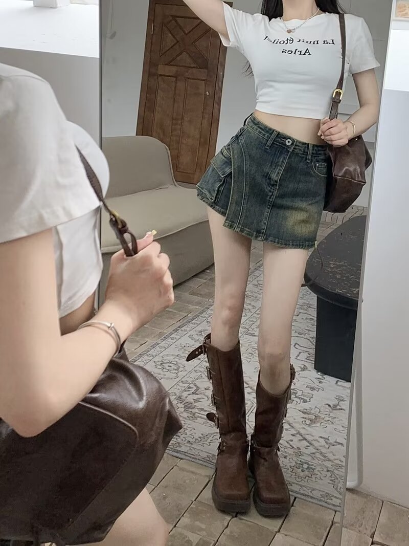 Picture of High Waist Denim Skirt Women's 2024 Summer New Anti-Glow Slimming Small A- Line Denim Shorts Skirt