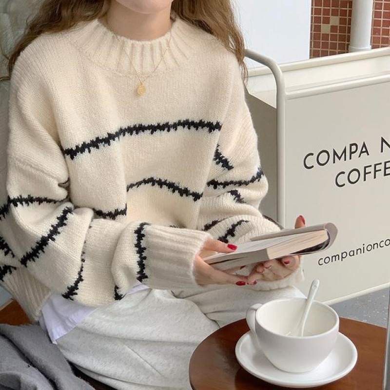 Retro Japanese Style Style Lazy Loose Knitwear for Women Thickeneded Autumn and Winter 2025 New Long-Sleeved Stripesd Half Turtleneck Knitwear