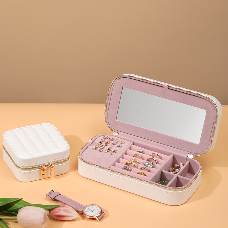 Striped Metal Zipper Jewelry Box with Mirror Jewelry Ring Necklace Storage Box Multifunctional Portable Jewelry Box