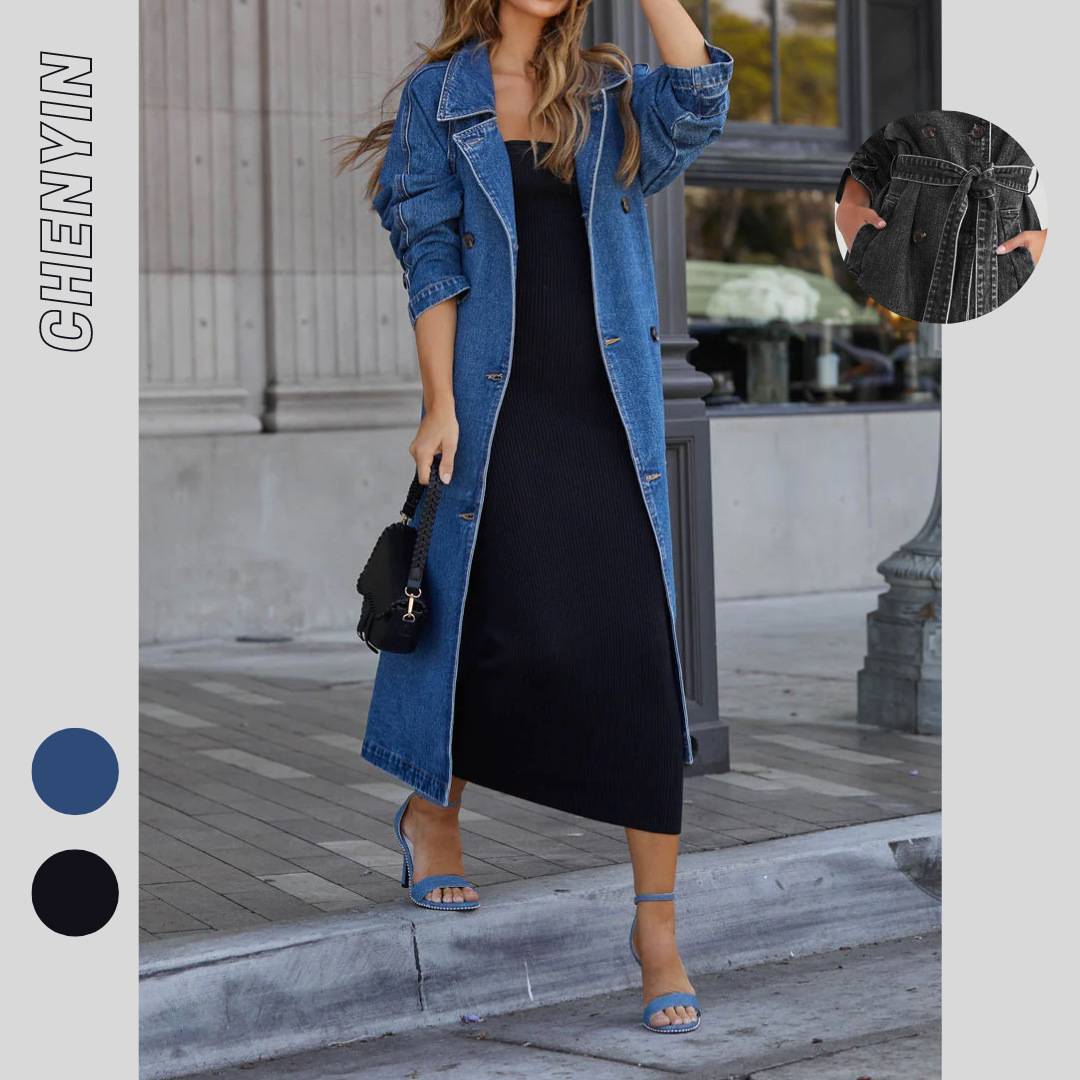 ins new European and American autumn and winter women's trench coat denim cotton solid color double pocket long buckle loose coat