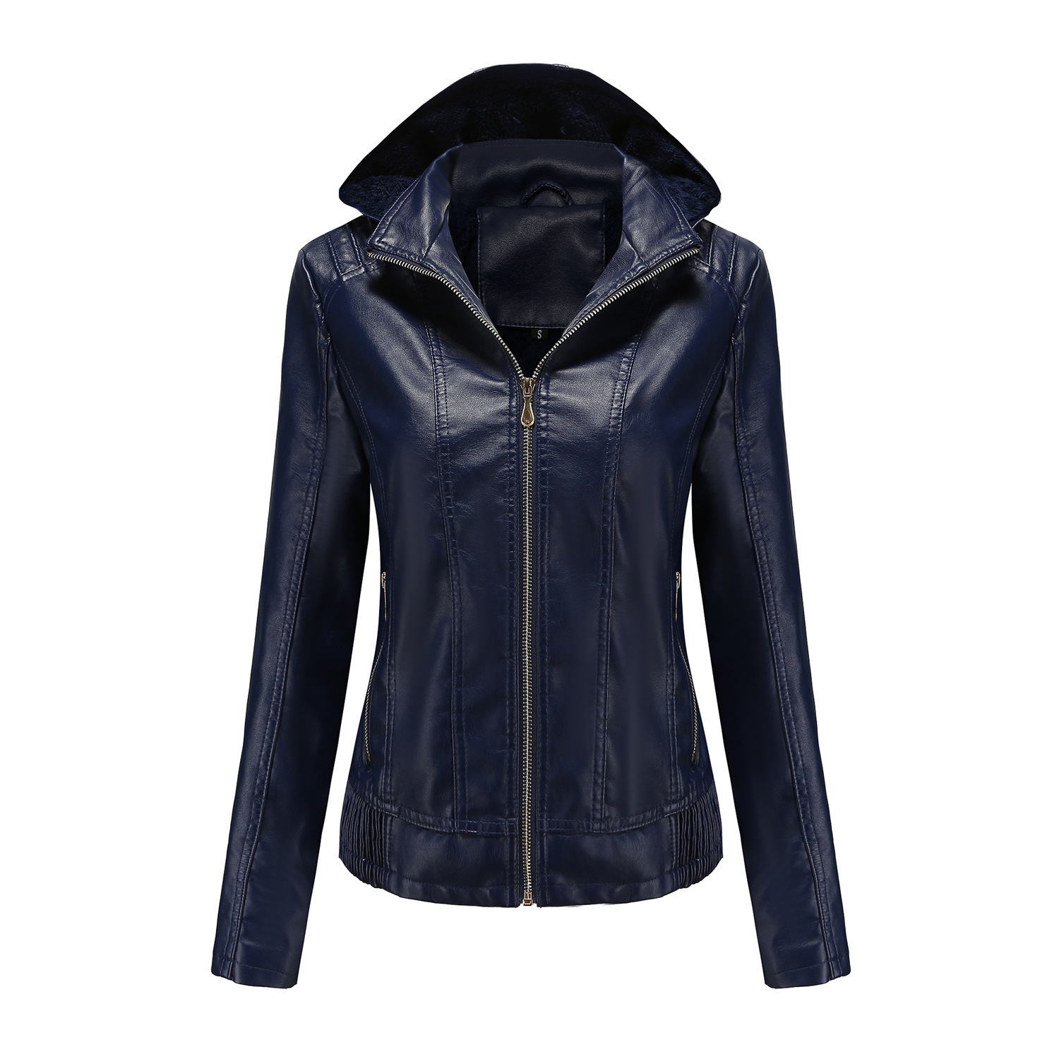 Picture of Fall 2022 Winter Hooded Leather Women's Removable Hat Zipper Long-sleeved fleece-lined Leather Jacket European-size Slim-fit Jacket Cross-border