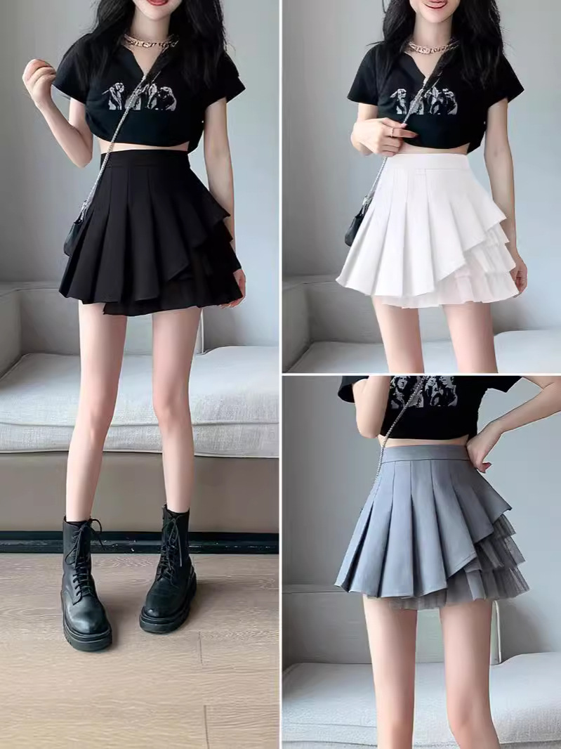 Irregular Mesh Pleated Skirt Women's Summer 2024 New High Waist Hip Covering Slim A- line Half Skirt Trendy
