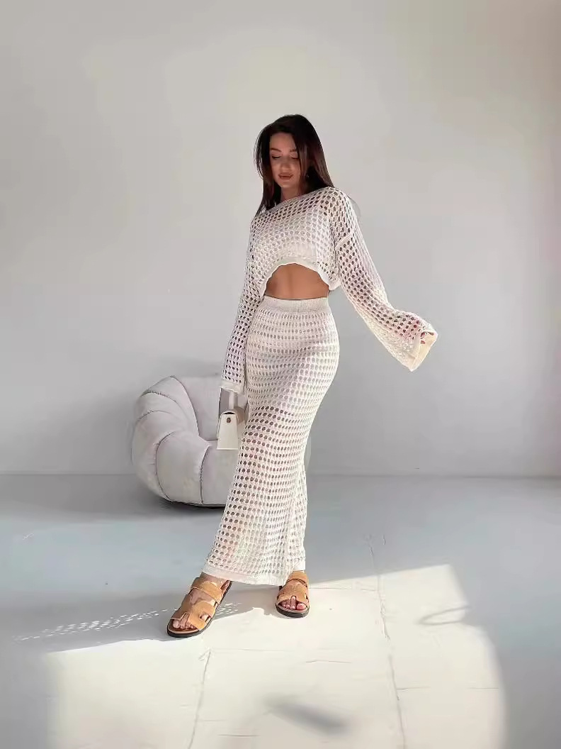 2024 Spring and Summer Fashion Hollow-out Dress Thin Knitted Mesh Woven Two-piece Long-sleeved Top Half-length Dress