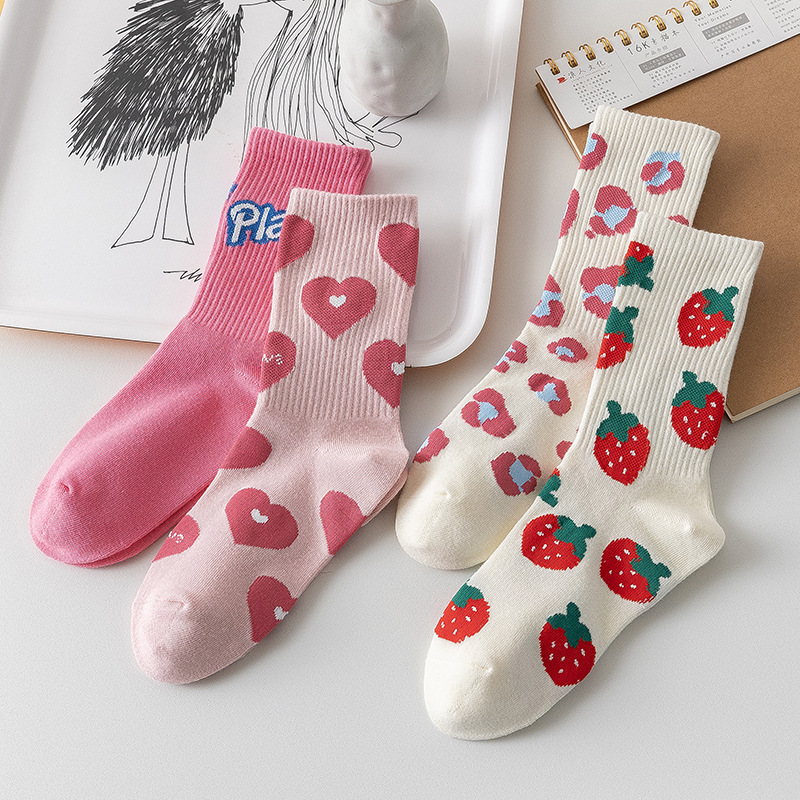 Spring and Autumn Pink Letter Love Strawberry Socks Women's Fashion Easiest for Match Japanese Style Cute Ins Trendy Stockings Mid-Tube Socks