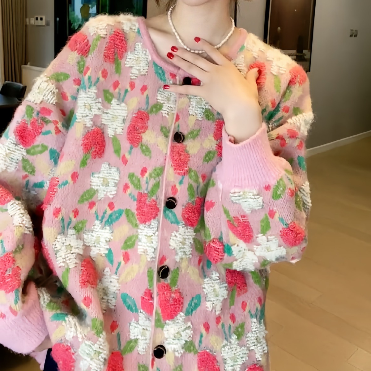 Soft glutinous lazy style cardigan sweater coat women's autumn and winter loose outer wear printed design niche sweater top