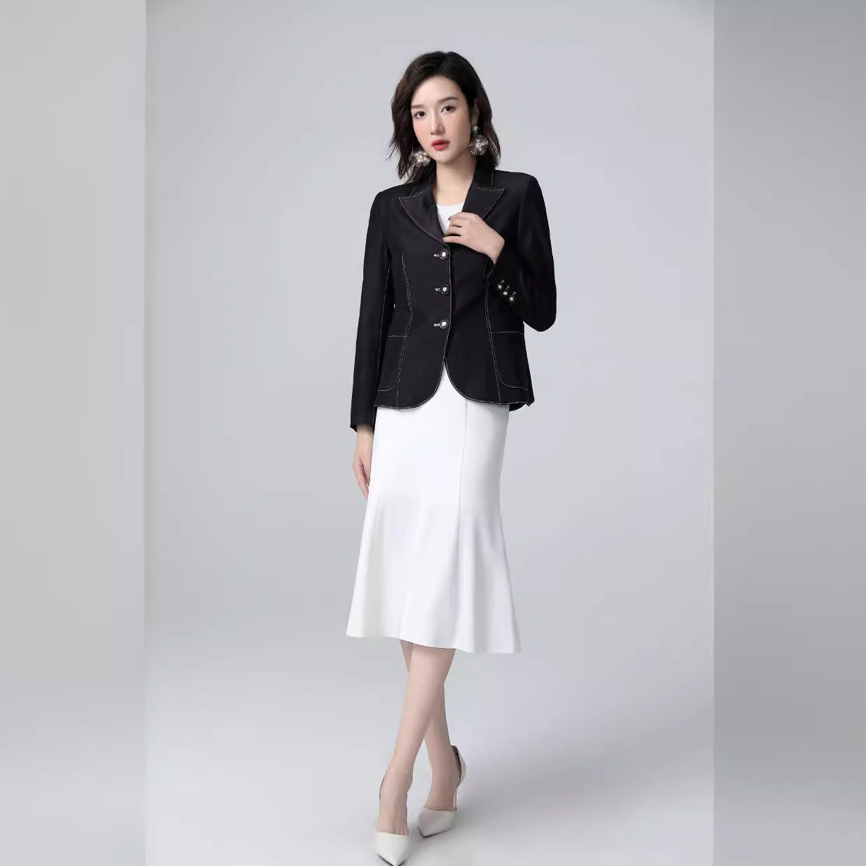 In-Stock Lml Quality Black Pure Cotton Handmade Visible Seam Single-Breasted Denim Suit Slim-Fit Short Jacket Cross-Border Women's Fashion