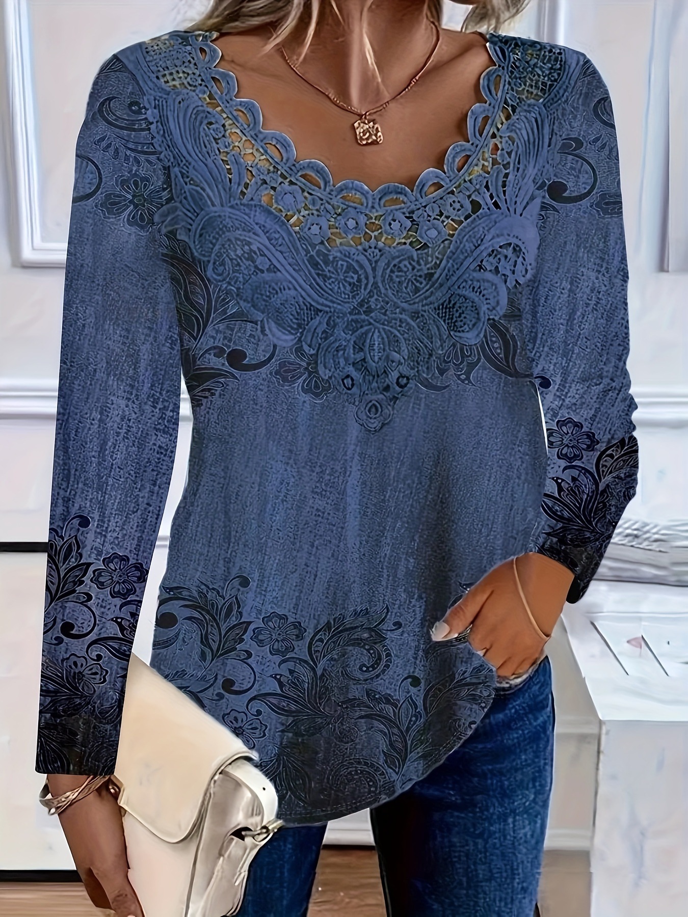 2024 cross-border new hot women stitching lace round neck long sleeve top
