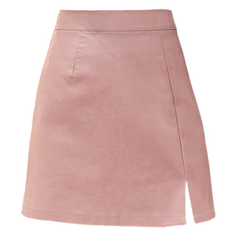 2023 autumn and winter new black pu leather skirt women's high waist A- line split hip skirt sexy slim short skirt
