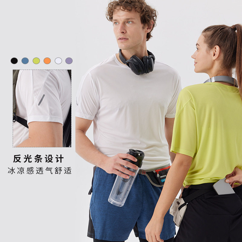 Men's Summer Round Neck Sports Short-sleeved Reflective Quick-drying T-shirt Outdoor Loose Breathable Running Fitness Training Top