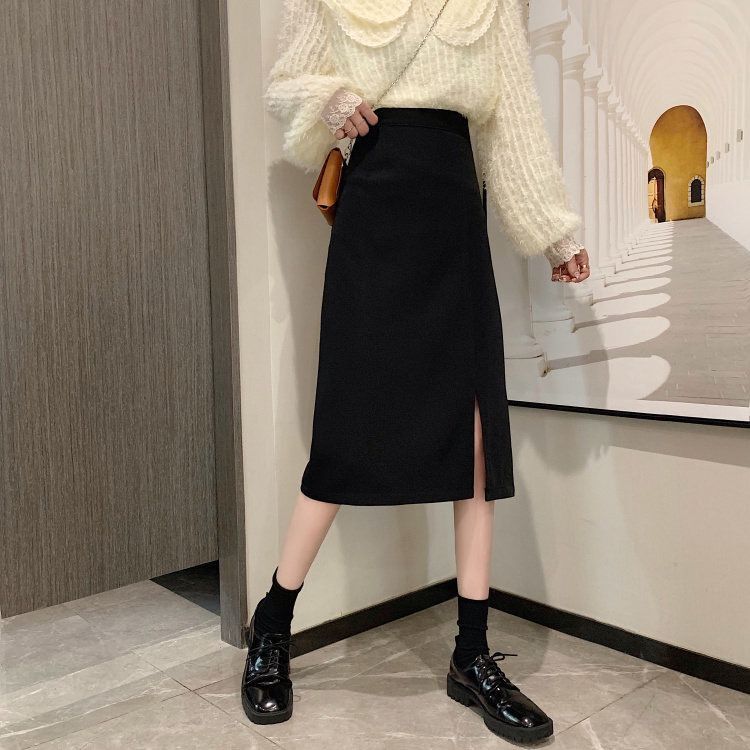 Summer Black Skirt Women's Dipped Skirt Split Mid-Length Design High Waist Small A- Line Over-the-Knee Long Skirt