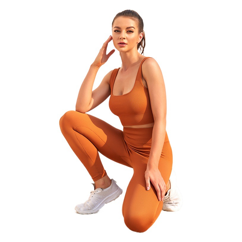 Internet Celebrity Popular Sports Beautiful Back Bra U-Neck Vest Seamless Knitted Quick-Drying Fitness Yoga Wear Five-Piece Suit for Women
