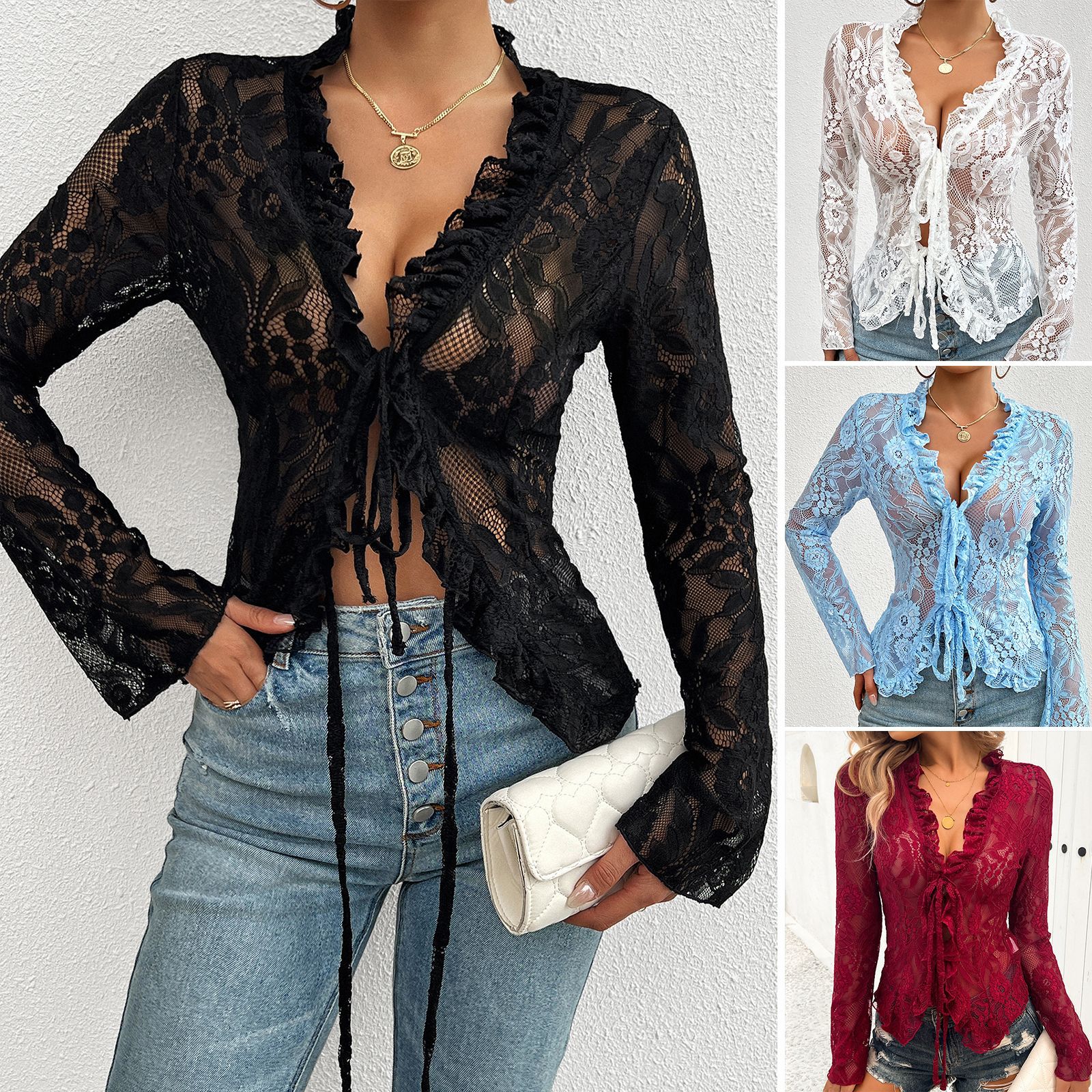 Amazon 2024 Spring and Summer Spot Cross-Border Popular European and American Y2K Cut Out Lace V-Neck Cardigan Long-Sleeved Top for Women