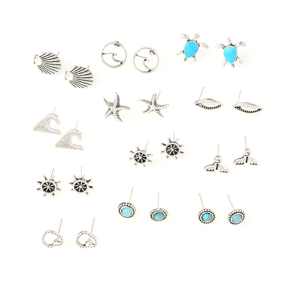 Picture of Europe and the United States cross-border new jewelry simple dripping turtle stars wave shell turquoise 12 pairs of set earrings wholesale