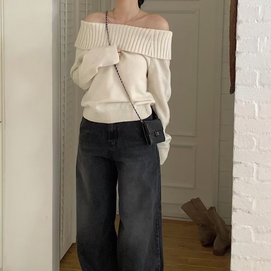 in stock South Korea chic autumn and winter French off-shoulder long-sleeved sweater women's slimming elegant sweater
