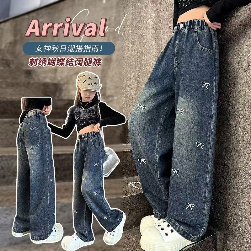 2025 Spring and Autumn New Western Style Loose Casual Middle and Big Children's Straight Bow Pants Girls' Trendy Jeans
