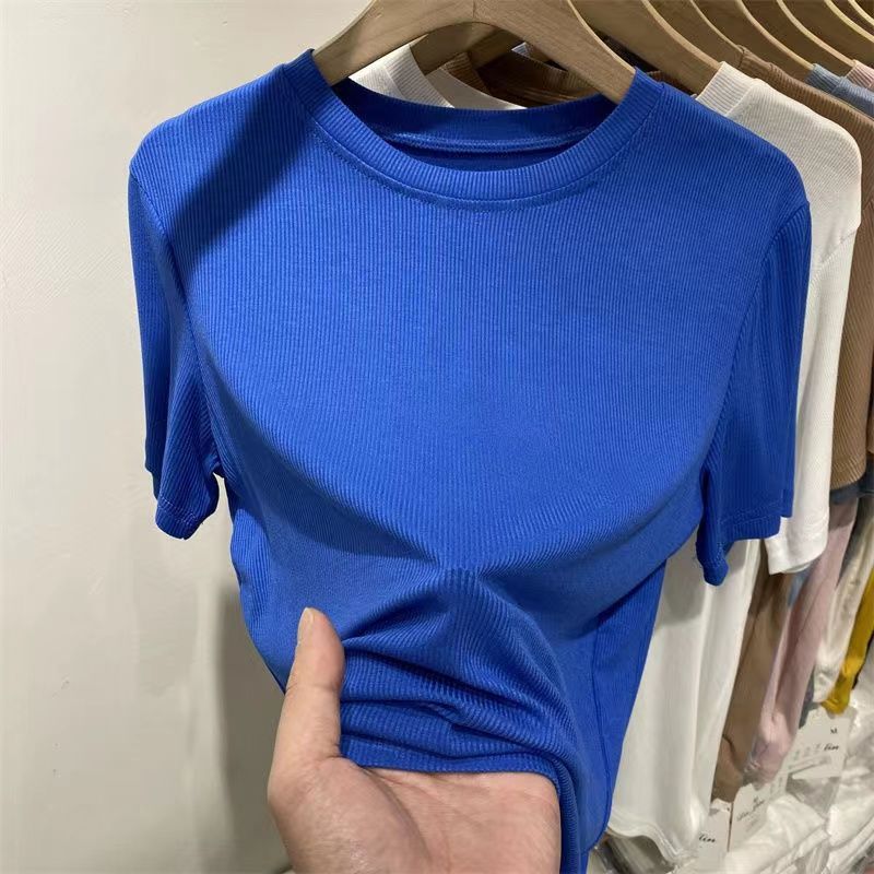 Picture of [Multi-color optional] high-grade solid color mask T-shirt women's short sleeve summer new slim slim base shirt top