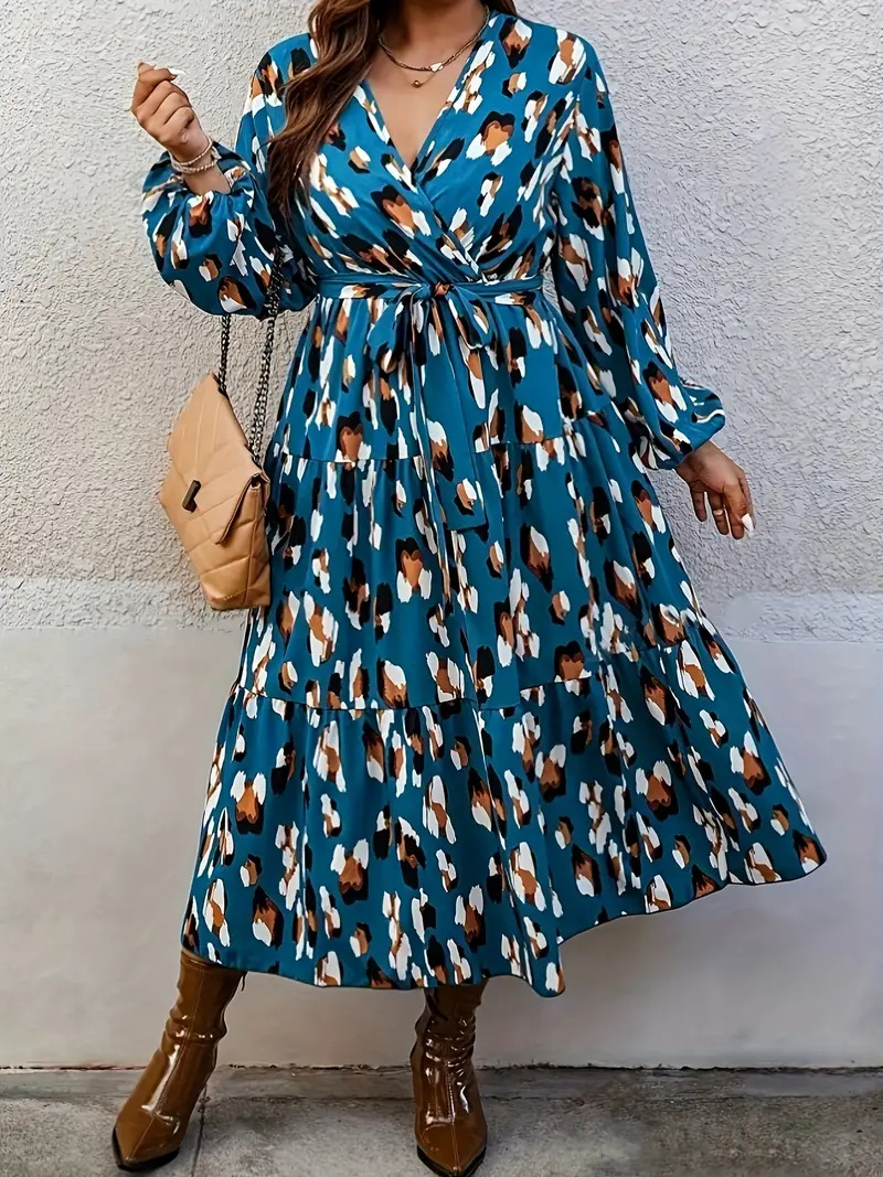 Cross-Border Independent Station European and American Style Plus Size Women's Floral V-Neck Waist-Cinching Elegant Long Skirt Fat mm Long-Sleeved Dress
