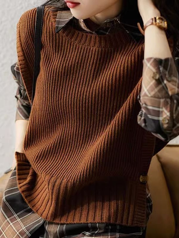 Picture of French style pit sweater vest women's autumn and winter fashion stacked loose casual outer sweater sleeveless waistcoat