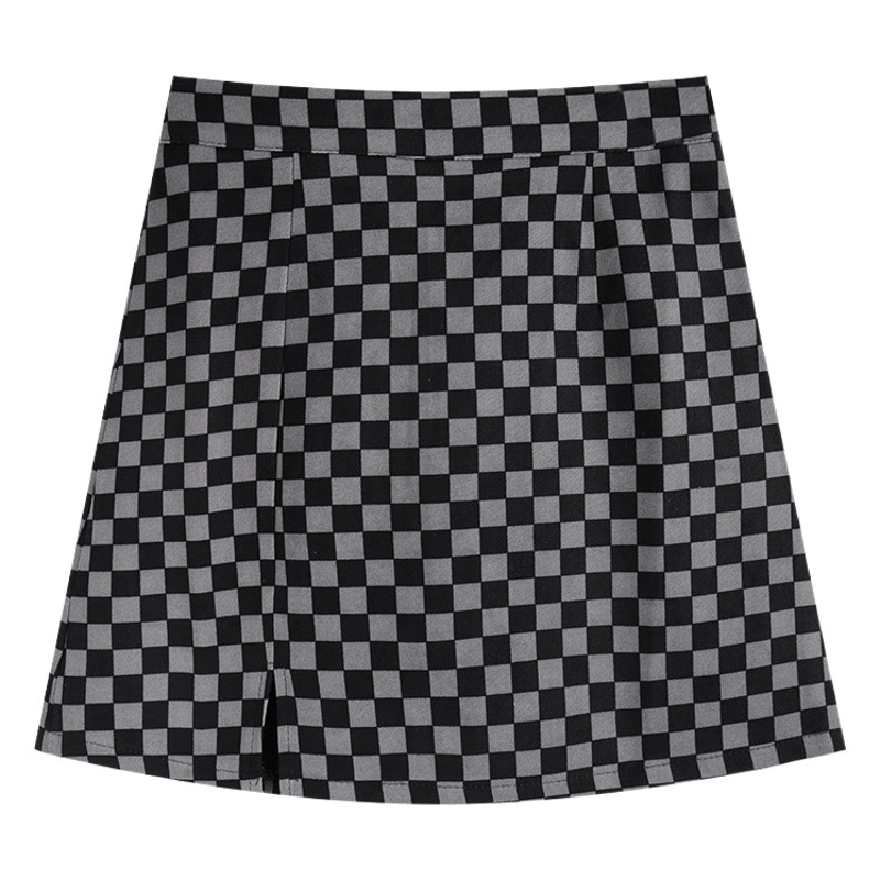 A- line Half-length Skirt Autumn 2023 New Women's High Waist Slimming Vintage Chessboard Design Sense Hip Skirt