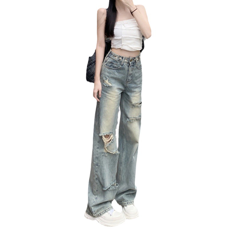High Waist Adjustable Ripped Jeans Women's 2023 Summer Thin American Style Retro Loose Straight Floor Wide Leg Pants