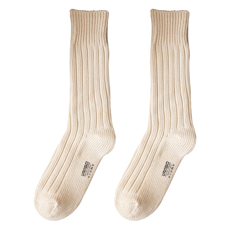 Autumn and Winter Thick-Line Socks Women's High-Top Pile Socks Japanese Style Mid-Calf Socks Cotton Natural Color Breathable Couple Long Socks Men's Socks