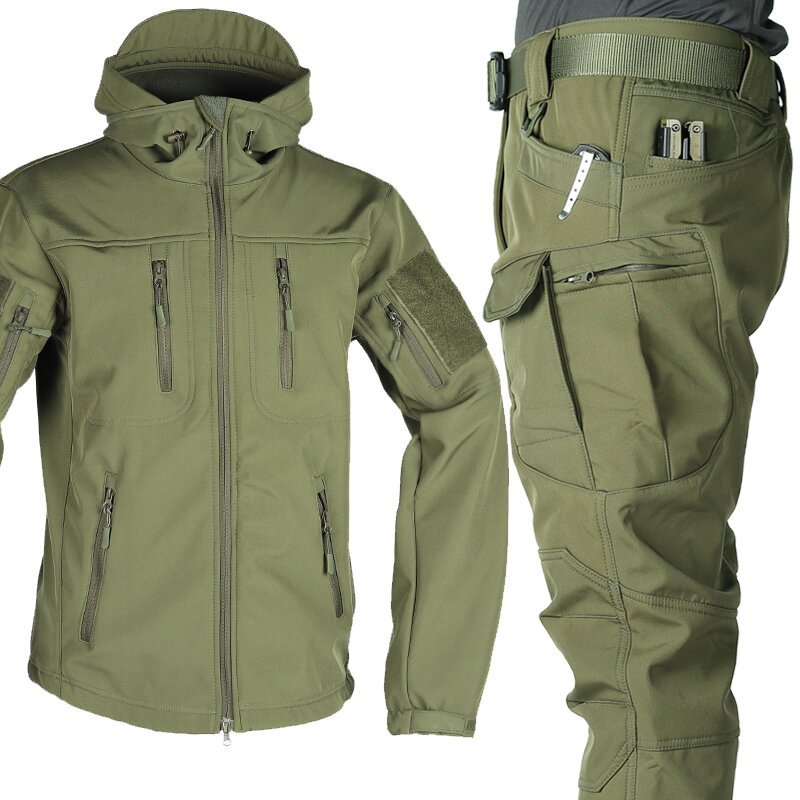 Cross-border Soft Shell Jacket suit Men's Outdoor fleece-lined Warm Jacket Waterproof Wear-resistant Mountaineering Suit Training Uniform for Military Fans