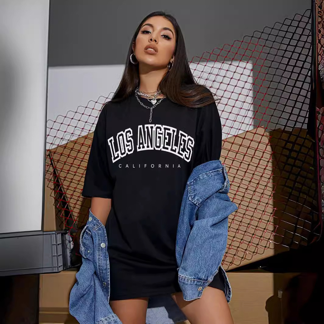 2024 cross-border European and American design sense Amazon printed women's foreign trade temperament show shoulder loose European code cotton T-shirt