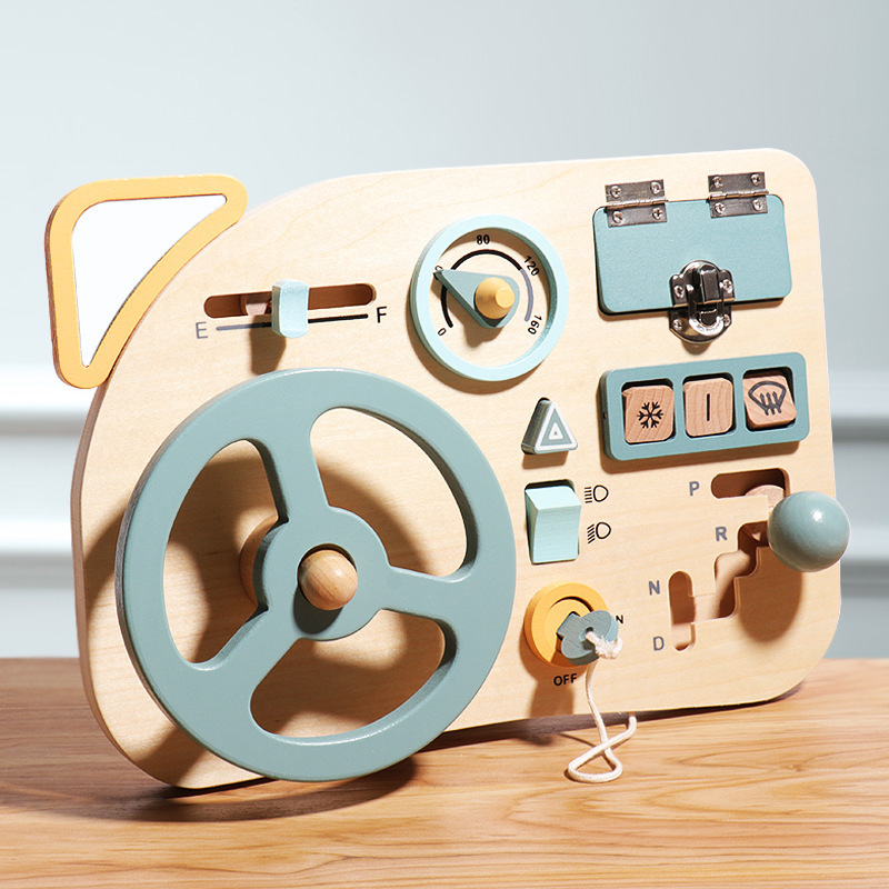 Cross-border Wooden Montessori Early Education Simulation Car Steering Wheel Busy Board Toy Children's Educational Play-house Learning