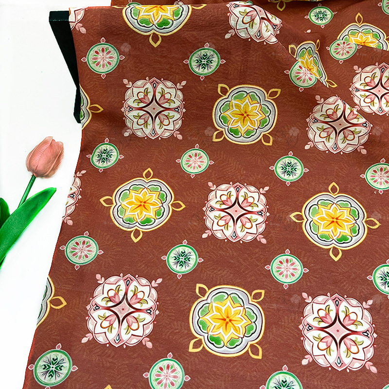 Brown background colorful rhyme digital printed fabric new Chinese style brocade cotton fabric cheongsam dress top Hanfu