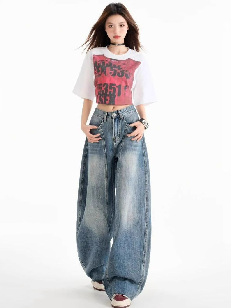 Plus-Size Retro Washed Loose Wide-Leg Jeans New American Design Straight Drape Scimitar Pants