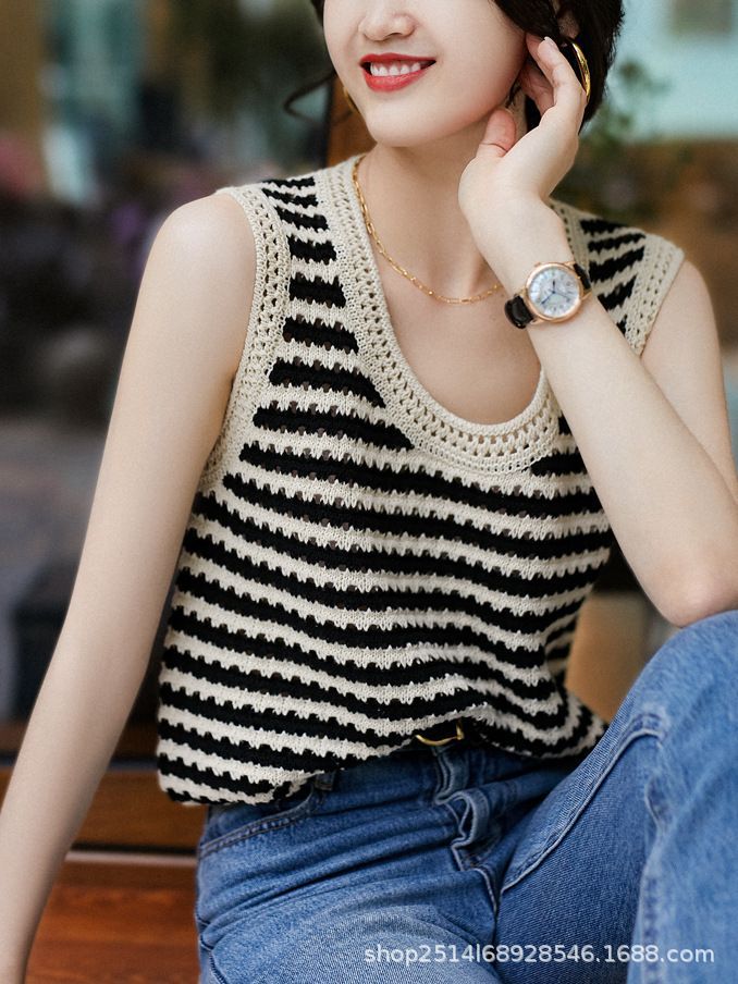 Brother's New Women's Clothing 2024 Summer New Ice Silk Hollow-Out Round Neck Striped Sleeveless Tank Top Vest in Stock