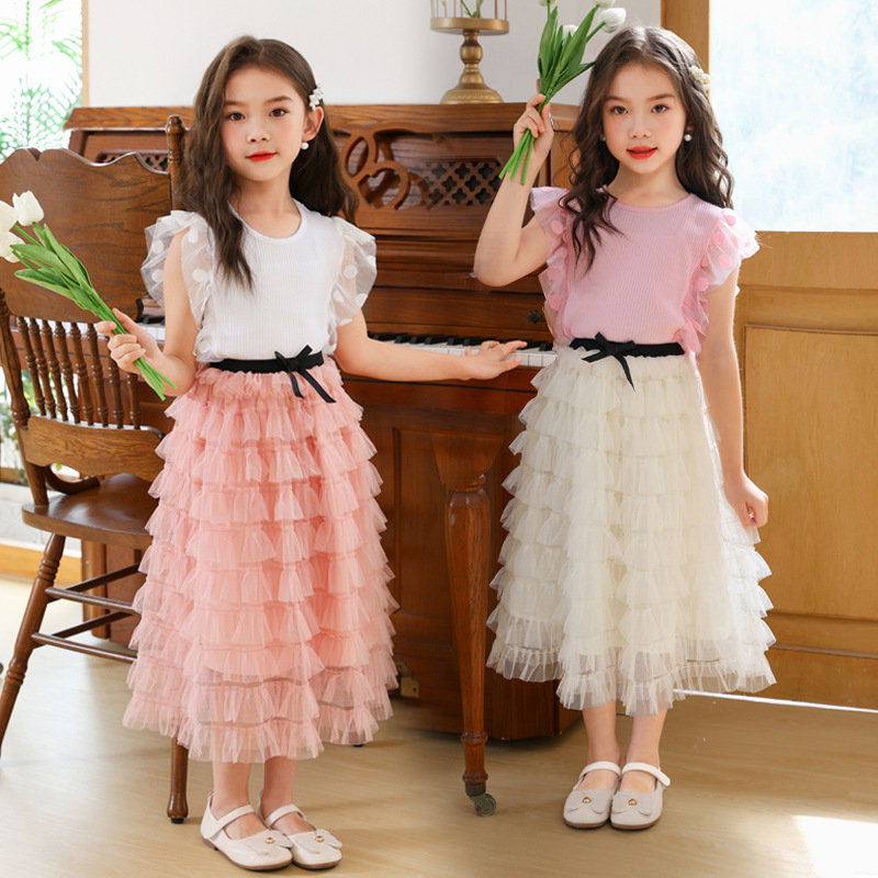 Girls Skirt Korean Style Fairy Gauze Skirt Kidsren Princess Mesh Mid-Length Skirt Sweet Cake Skirt White Tutu Skirt