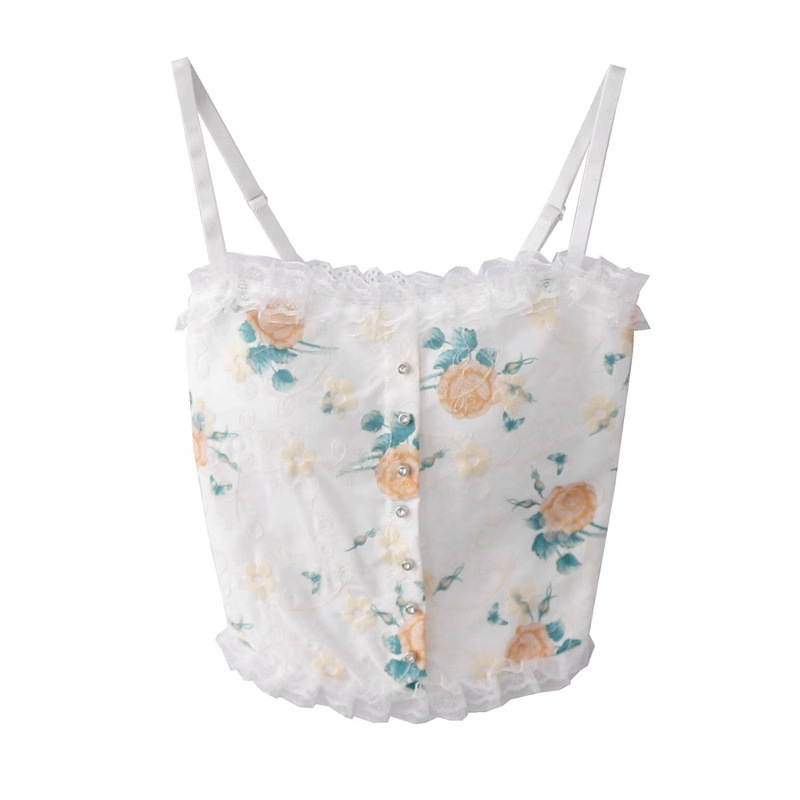 Summer New French Style Pure Desire Embroidered Flower Stitching Lace Tube Top Short Small Camisole Top