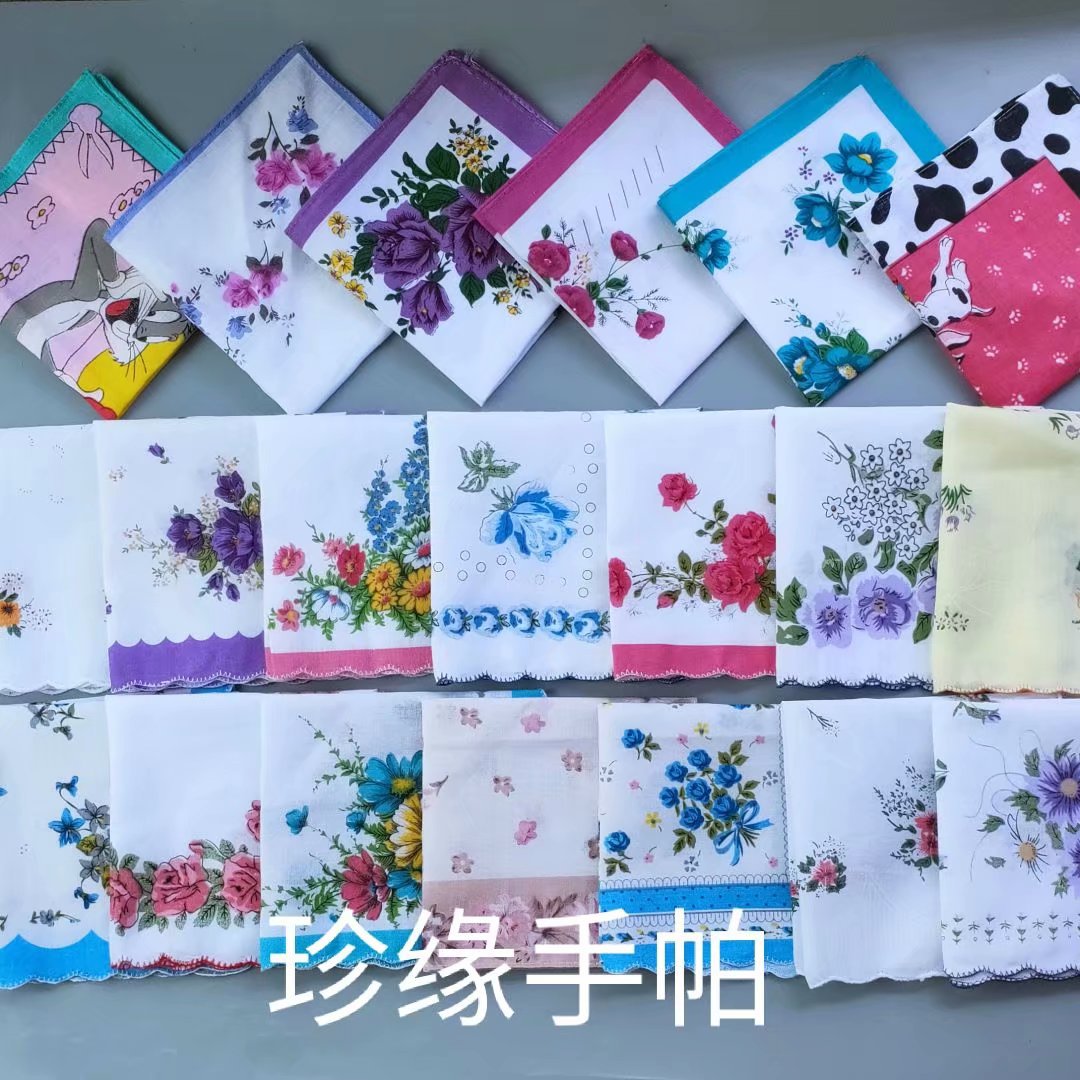 30*30CM in stock multi-style women's cotton tooth edge straight edge printed floral handkerchief square towel factory wholesale handkerchief