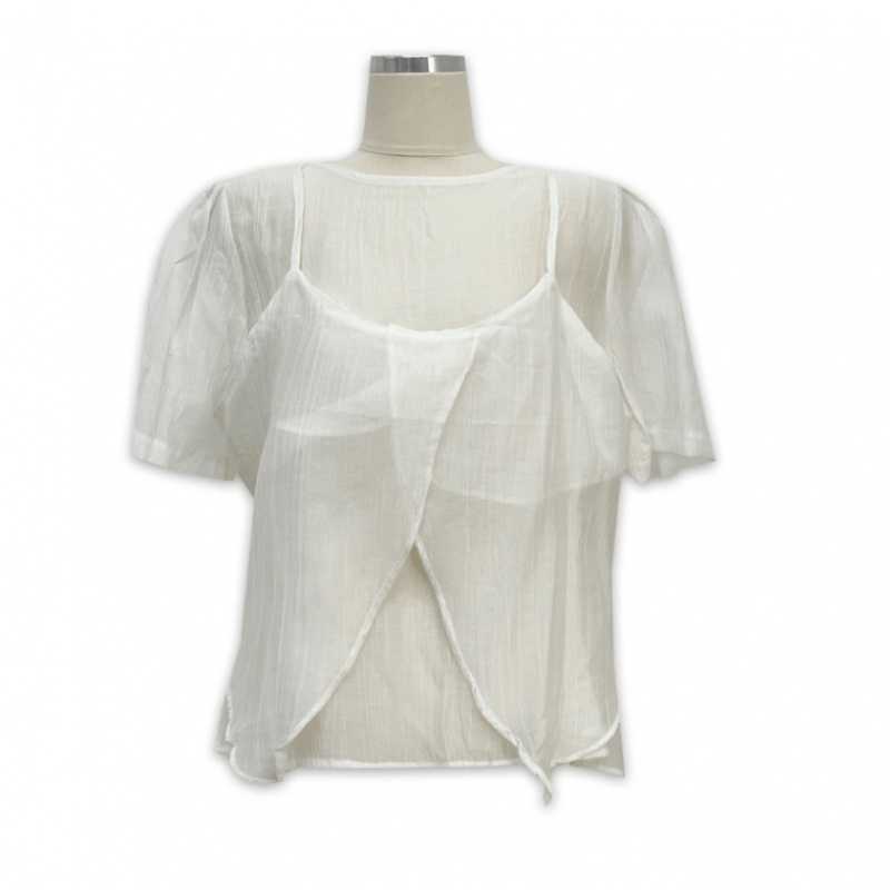 Picture of Korean Summer Temperament, Romantic, Gentle and Sweet Style, Two-Piece Short-Sleeved Chiffon Shirt with Slit Suspenders
